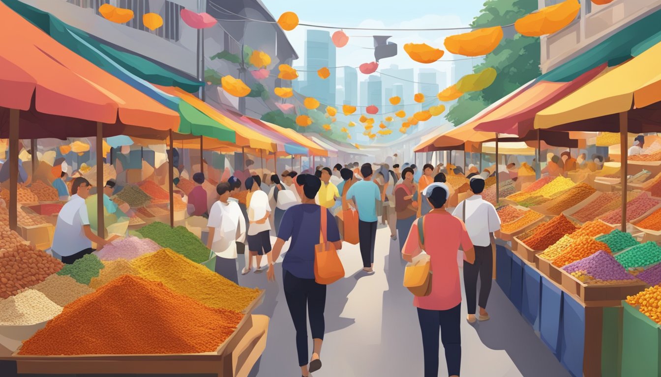 A bustling market with colorful spice stalls, showcasing vibrant saffron packages, surrounded by curious shoppers in Singapore