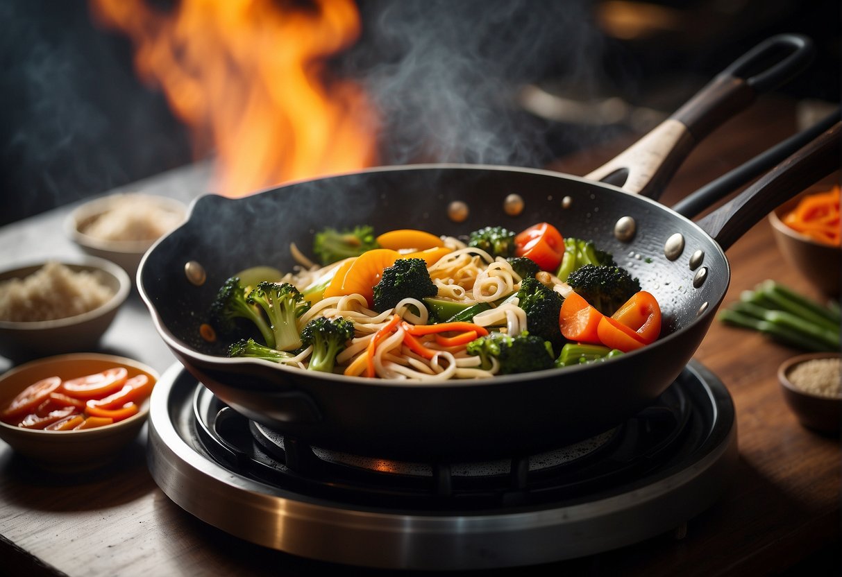 A wok sizzles with stir-fried vegetables, while a pot simmers with fragrant broth. Chopsticks and a cookbook lay nearby