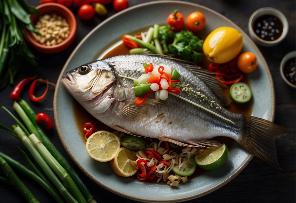 A whole steamed fish adorned with vibrant Chinese New Year decorations and surrounded by traditional ingredients like ginger, scallions, and soy sauce