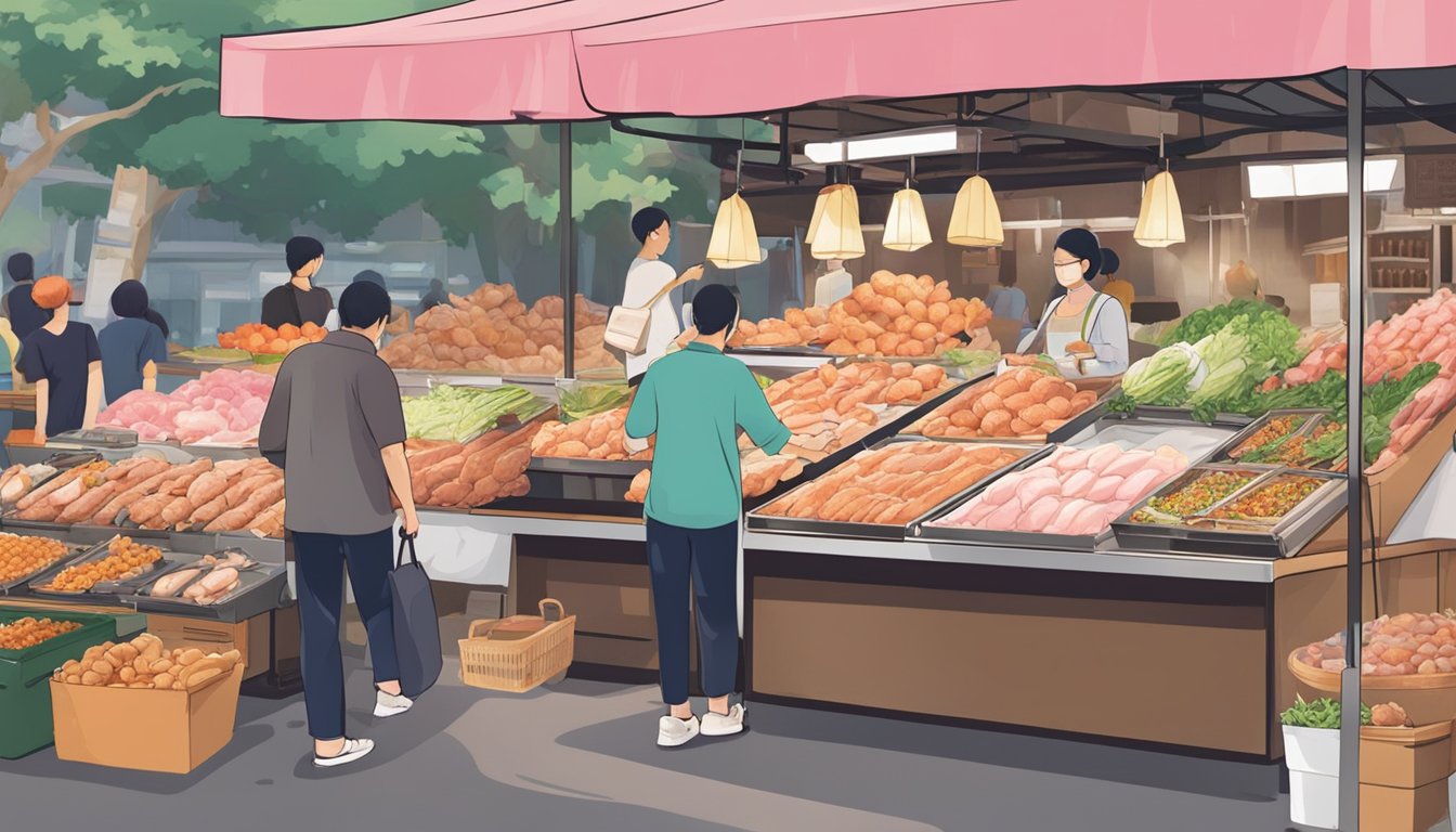 A bustling market stall displays fresh Sakura chicken in Singapore. Shoppers browse the selection, while a vendor arranges the poultry