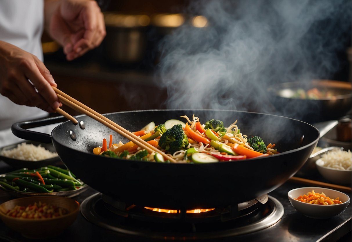 A wok sizzles with stir-fried vegetables, while a chef adds soy sauce. A pot of steaming rice sits nearby, ready to be served
