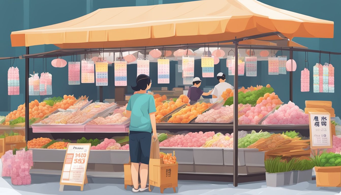 A bustling Singapore market with colorful stalls selling fresh Sakura chicken, displayed on ice and labeled with price tags