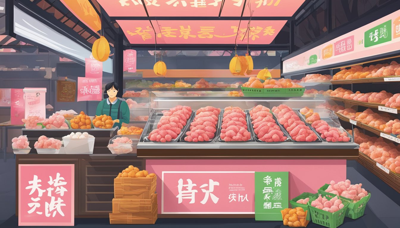 A display of fresh Sakura chicken at a market in Singapore. Brightly colored packaging and a prominent sign indicating where to purchase the specialty chicken