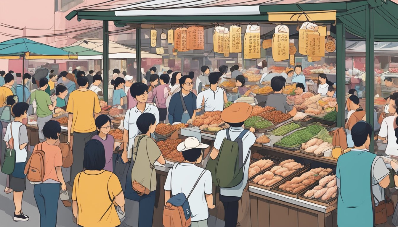 A bustling market stall with a sign advertising "Sakura Chicken" in Singapore. Customers are eagerly asking the vendor questions about the product