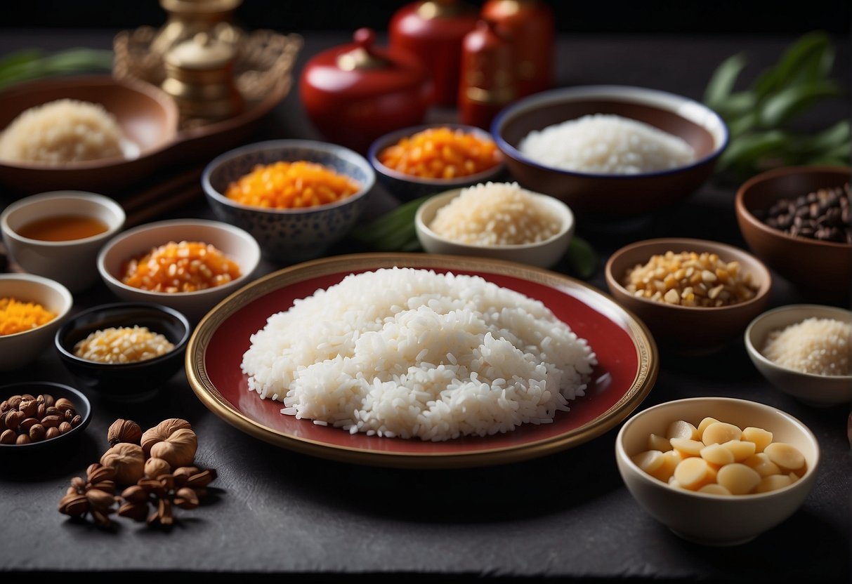 A table filled with ingredients and utensils for making Chinese New Year sticky rice cake