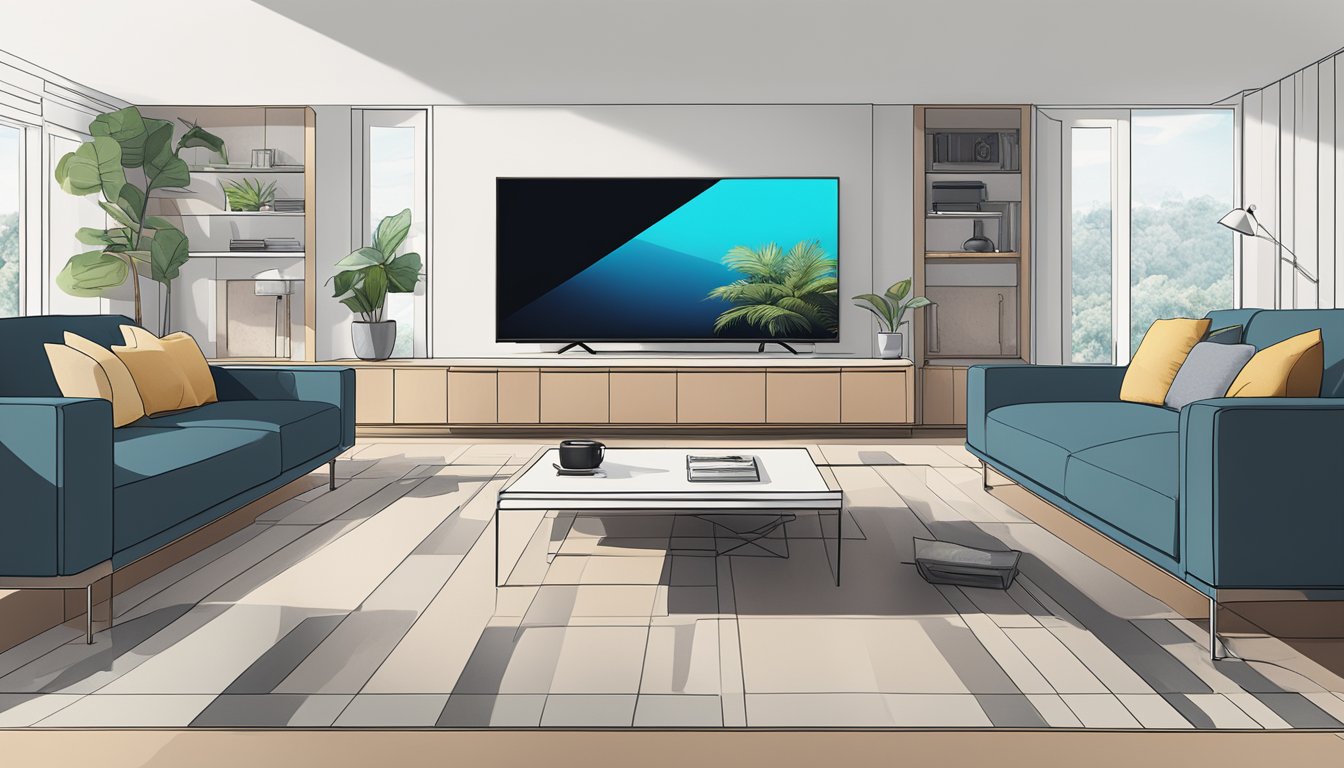 A Samsung Smart TV remote hovers over a sleek, modern living room coffee table, with the TV screen displaying various features. The remote is available for purchase in Singapore