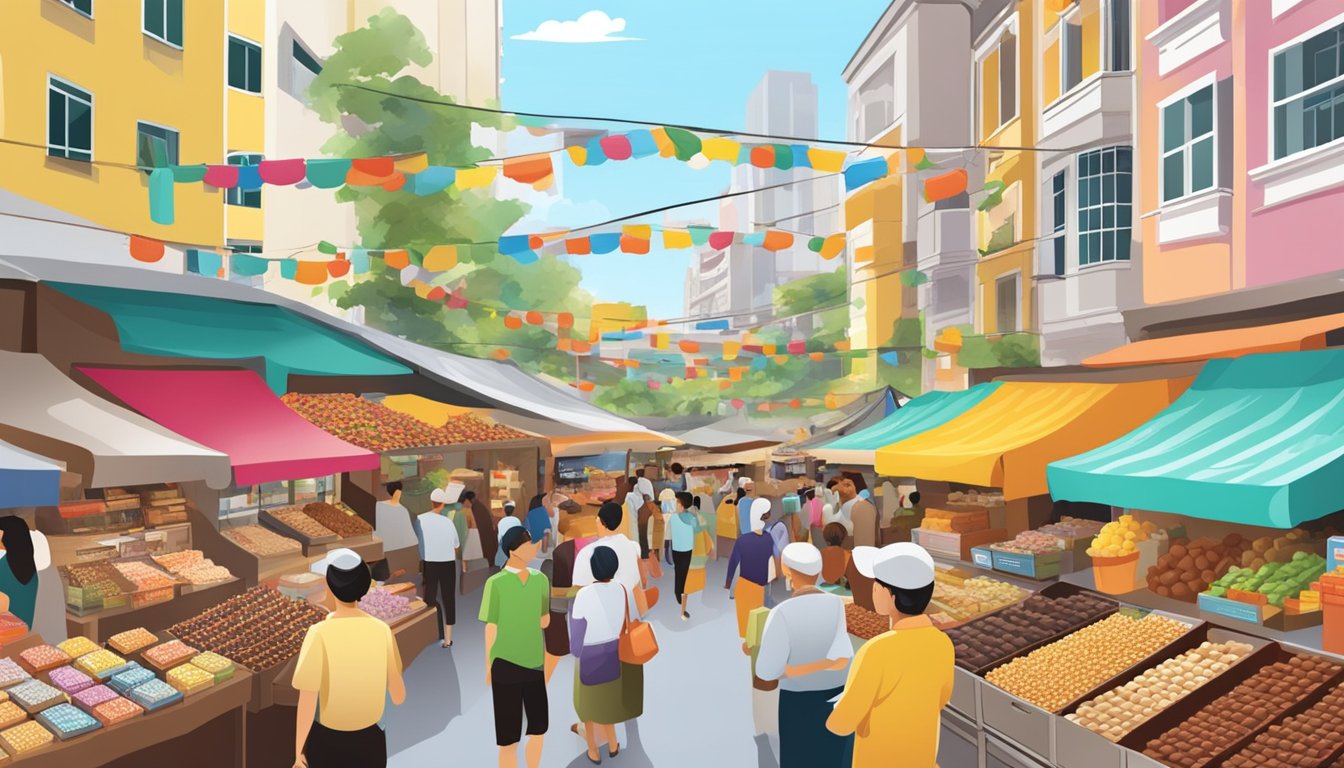 A bustling marketplace in Singapore with colorful displays of Callebaut chocolate products at various vendor stalls