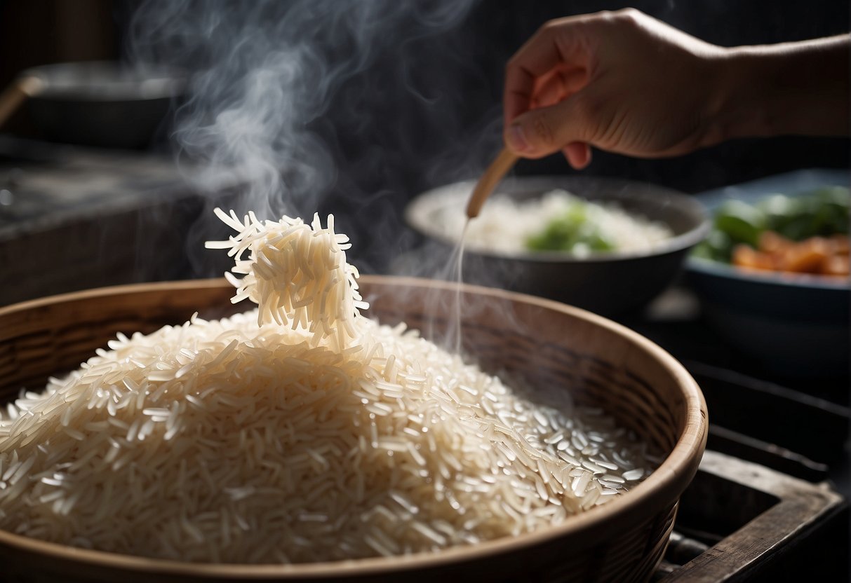 Rice being steamed in a bamboo basket, while sugar and water are being boiled in a pot
