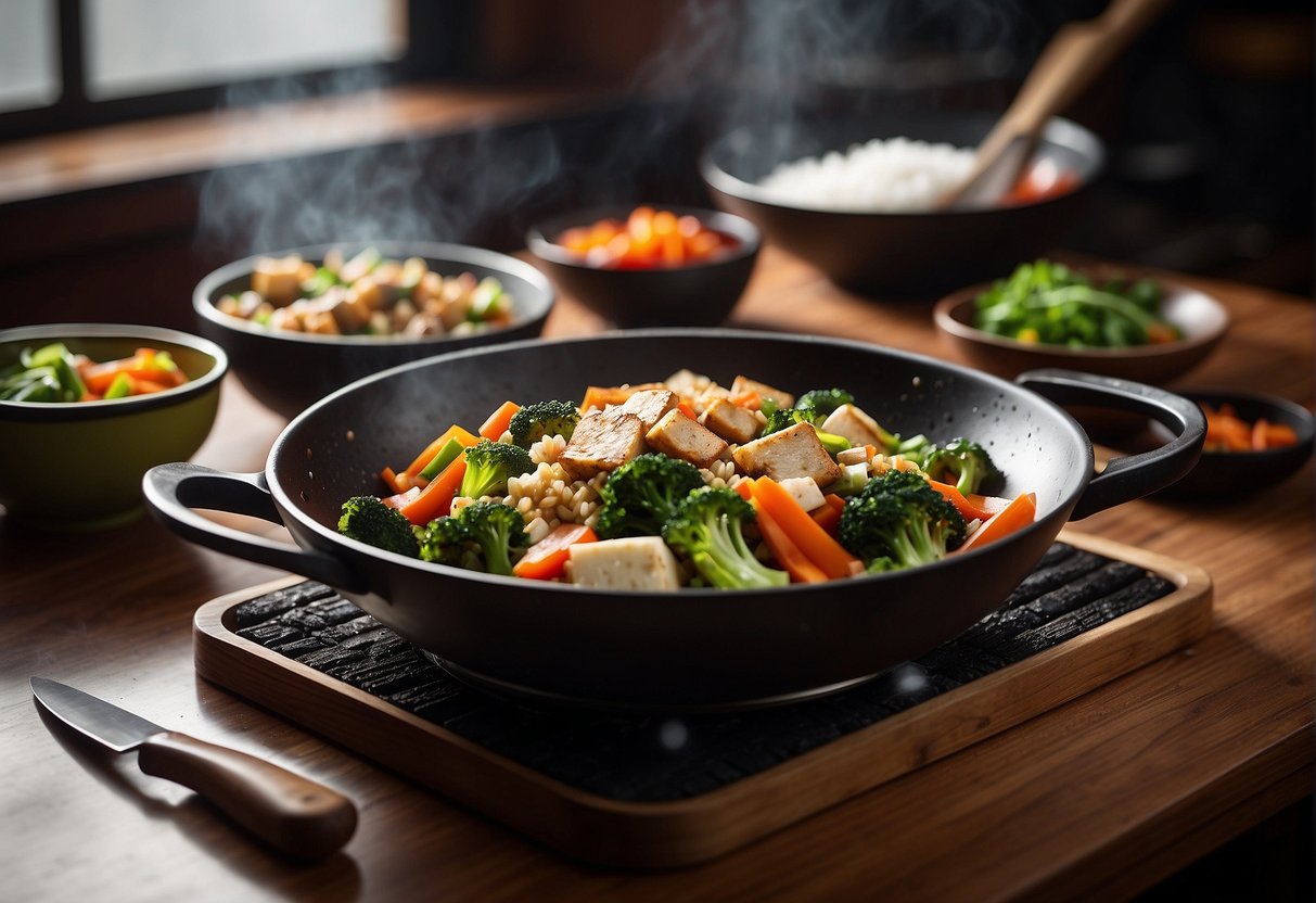 A wok sizzles with stir-fried vegetables and tofu. A chef's knife and cutting board sit nearby. A bowl of steamed rice completes the scene
