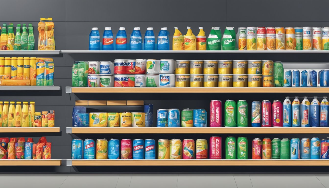 A shelf in a Singaporean hardware store displaying Scotchgard cans and bottles, with price tags and promotional materials nearby