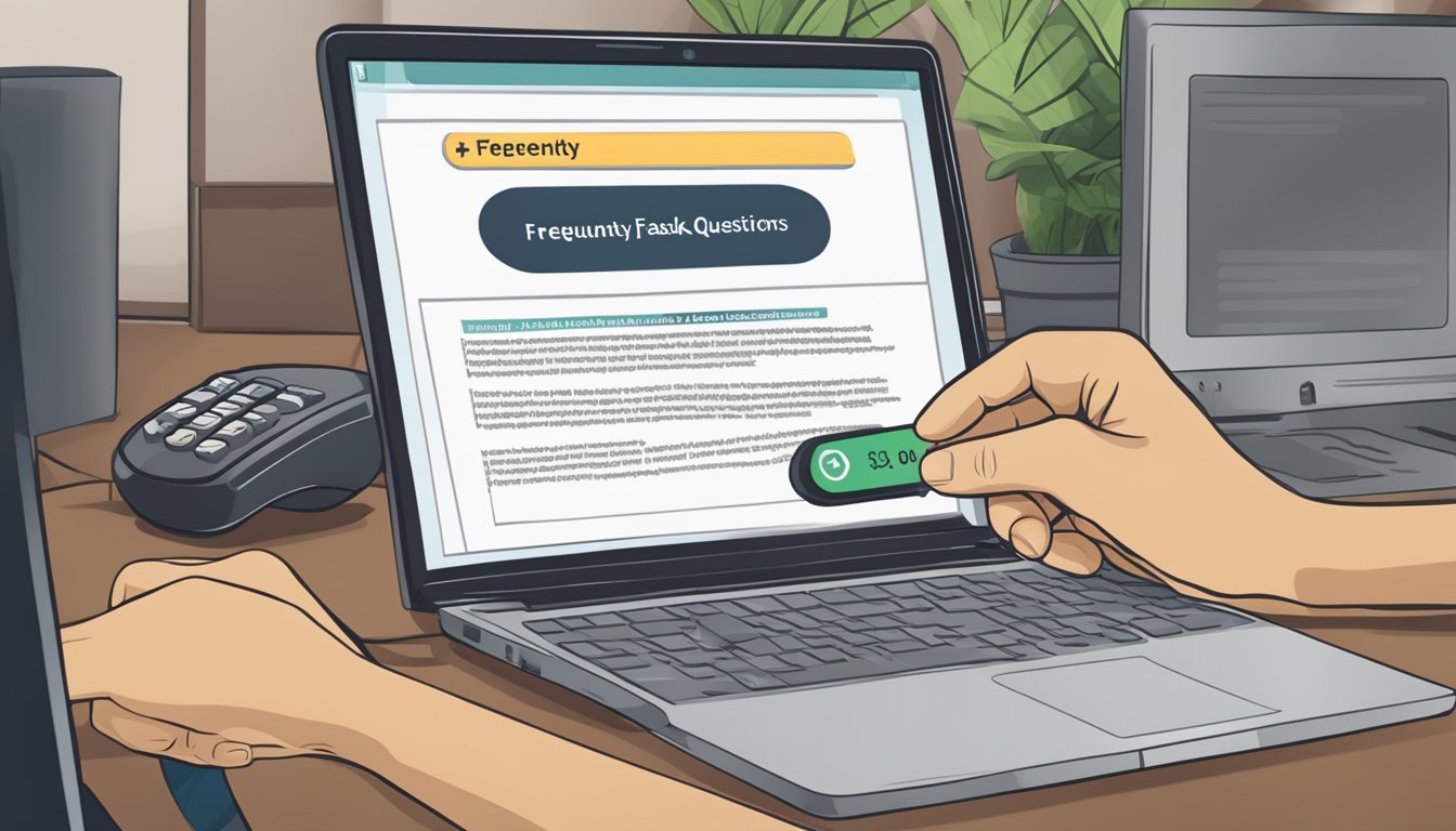 A hand holding a digital tasbeeh counter with "Frequently Asked Questions" displayed on a computer screen in the background