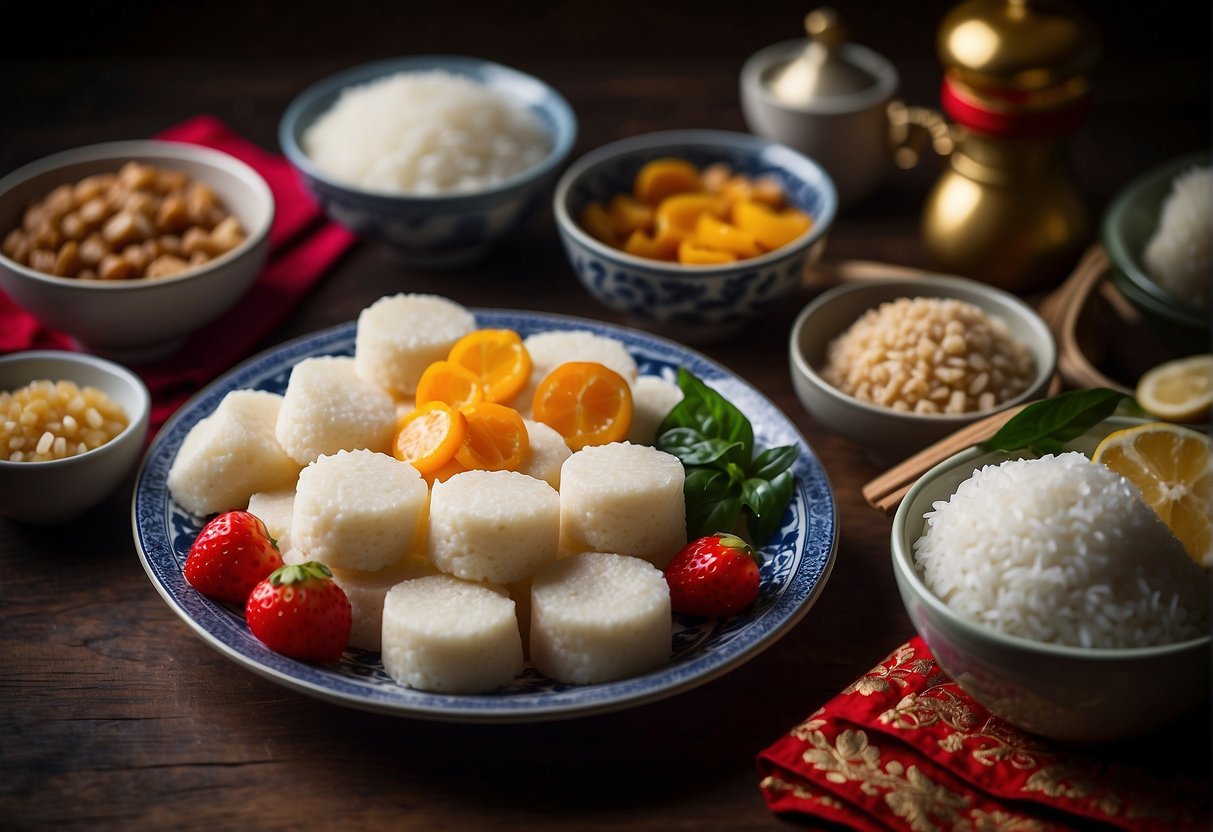A table set with ingredients and utensils for making Chinese New Year sticky rice cake