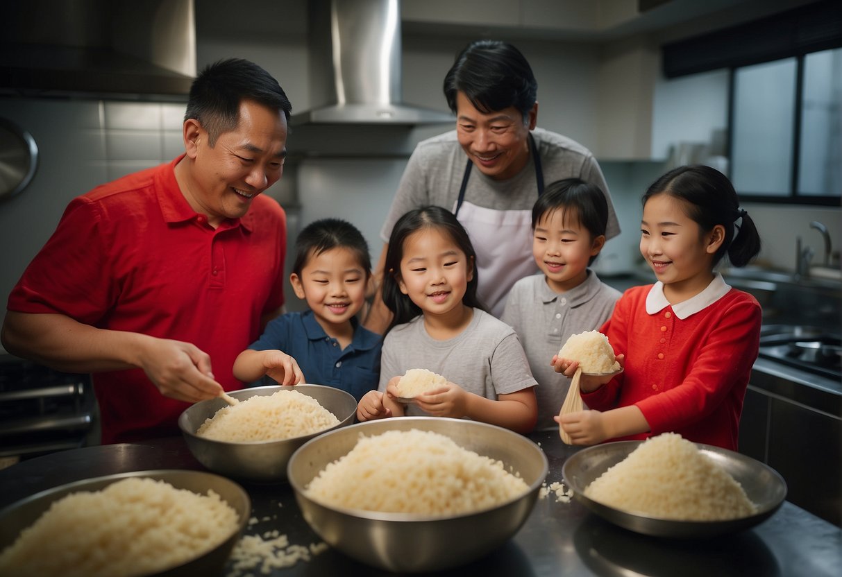 A family gathers to make sticky rice cakes for Chinese New Year, blending tradition and celebration in a bustling kitchen