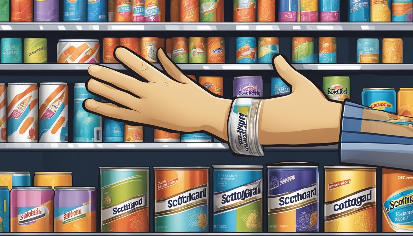 A hand reaches for a can of Scotchgard on a store shelf in Singapore. Various Scotchgard products are neatly displayed in the background