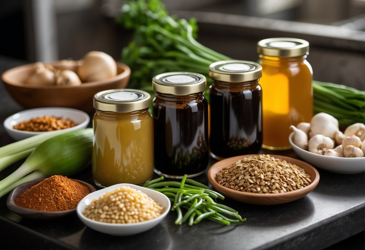 A variety of flavor enhancers and seasonings are arranged neatly on a kitchen counter, including soy sauce, oyster sauce, ginger, garlic, and green onions