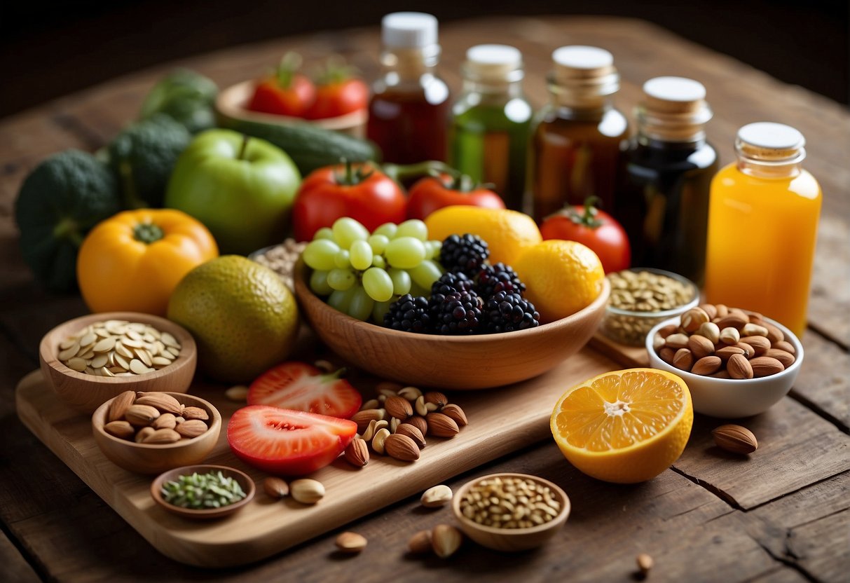 A colorful array of fresh fruits, vegetables, nuts, and seeds arranged on a wooden table, with a bottle of vegan supplements nearby