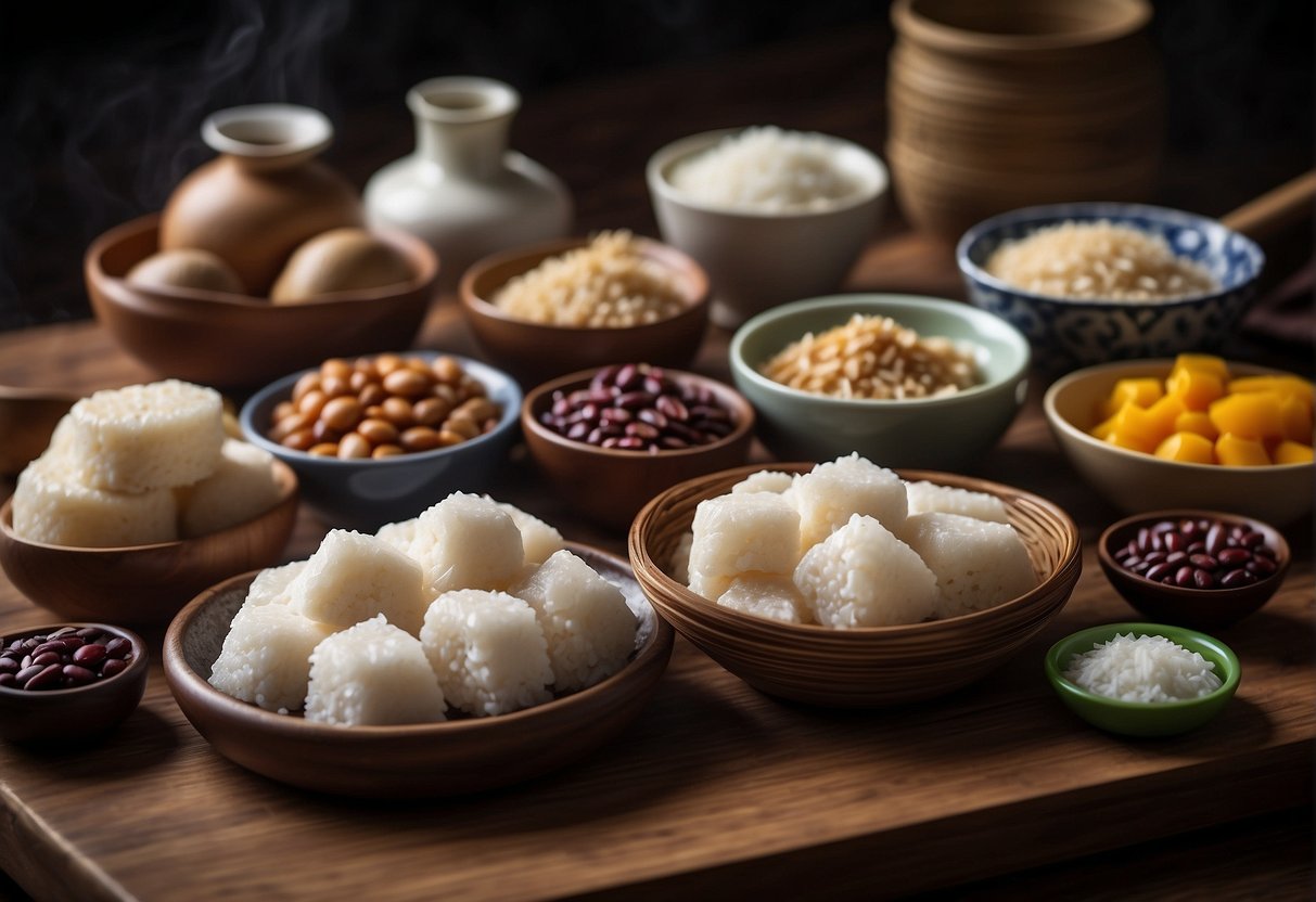 A table filled with traditional Chinese ingredients for making sticky rice cake, including glutinous rice, red bean paste, and coconut milk