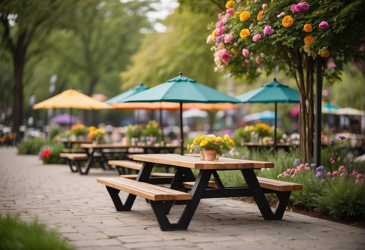 A grassy area with scattered picnic tables and umbrellas, surrounded by trees and colorful flowers, creating a cozy outdoor seating space