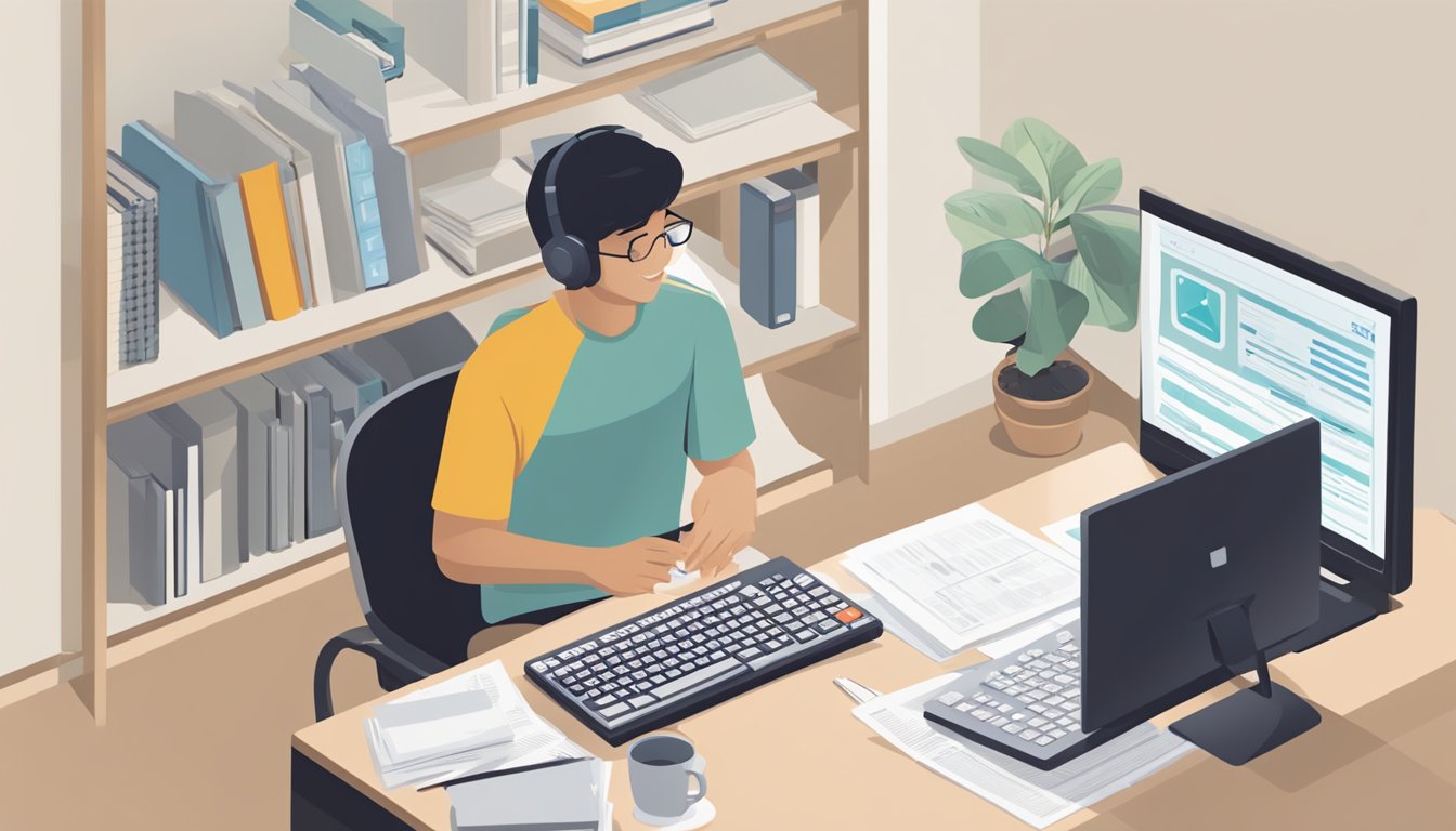 A person sitting at a desk with a computer, researching where to buy Singapore Savings Bonds. A stack of financial documents and a calculator are nearby