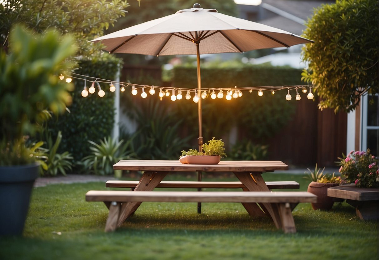 A wooden picnic table and benches sit on lush green grass, surrounded by potted plants and string lights. A colorful umbrella provides shade, and a small fire pit adds a cozy touch