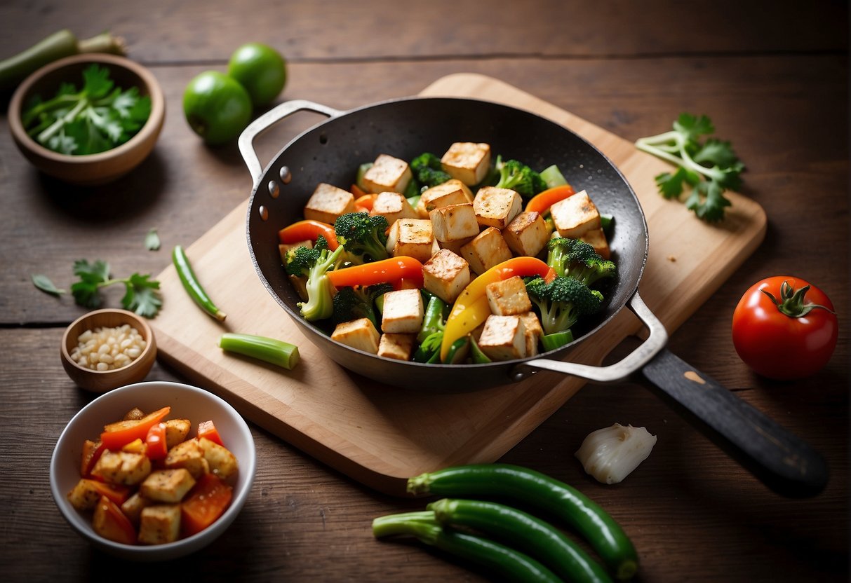 A wok sizzles with stir-fried veggies and tofu, while a cookbook lays open to a page titled "Simple Chinese Cooking Recipes for Beginners."