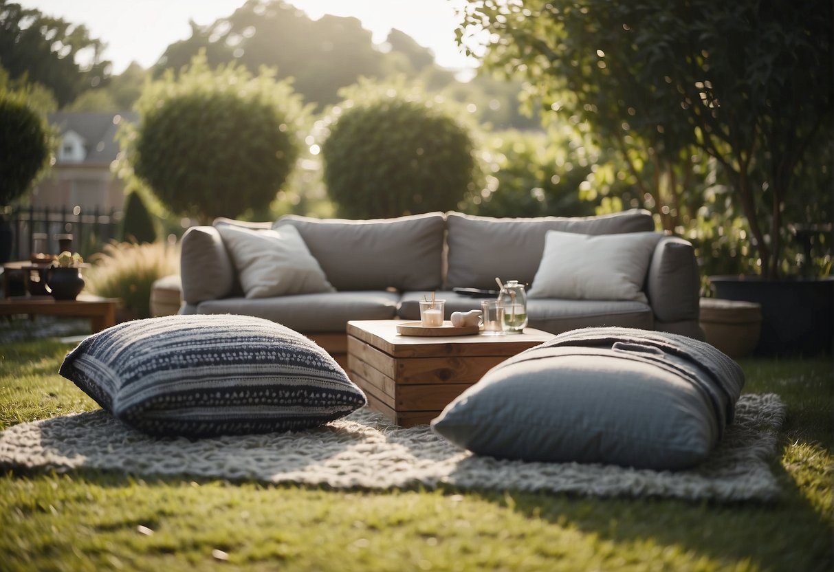 A person gathers cushions, blankets, and a low table on a grassy area, arranging them to create a cozy outdoor seating space