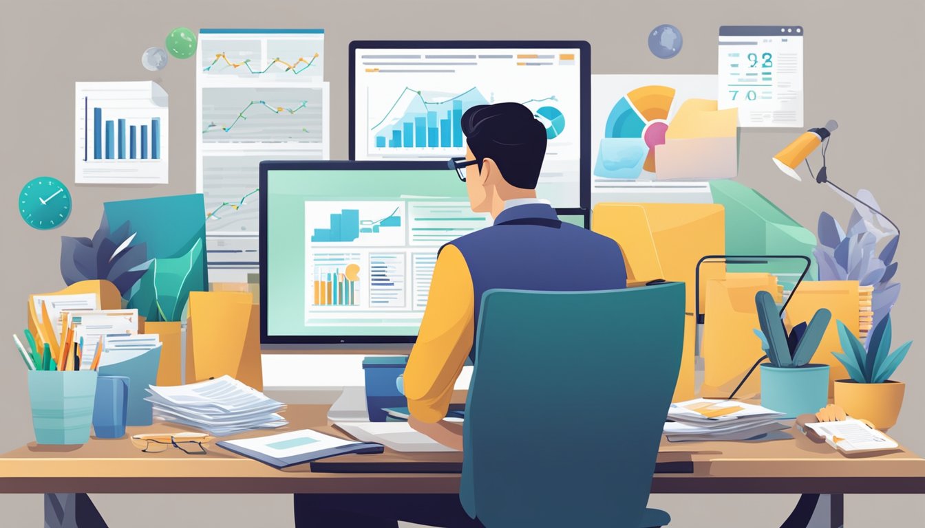A person sitting at a desk with a computer, surrounded by financial documents and charts, researching and analyzing Singapore Savings Bond investment options