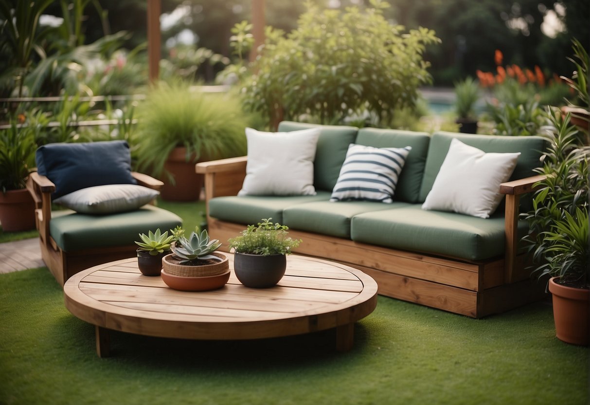 A wooden platform with cushions and low tables arranged on a lush green grassy area, surrounded by potted plants and soft lighting