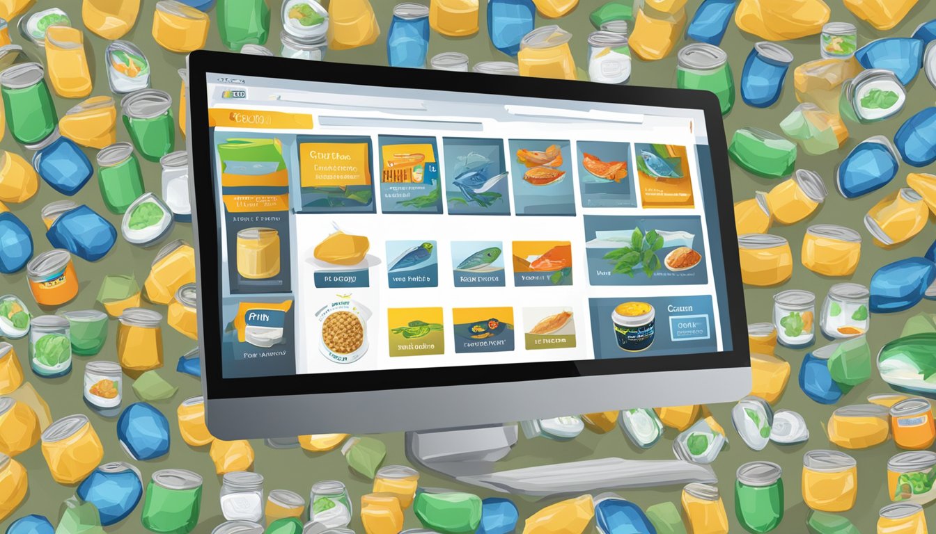 A computer screen displaying a website with Tricana canned fish for sale. A cursor hovers over the "buy now" button