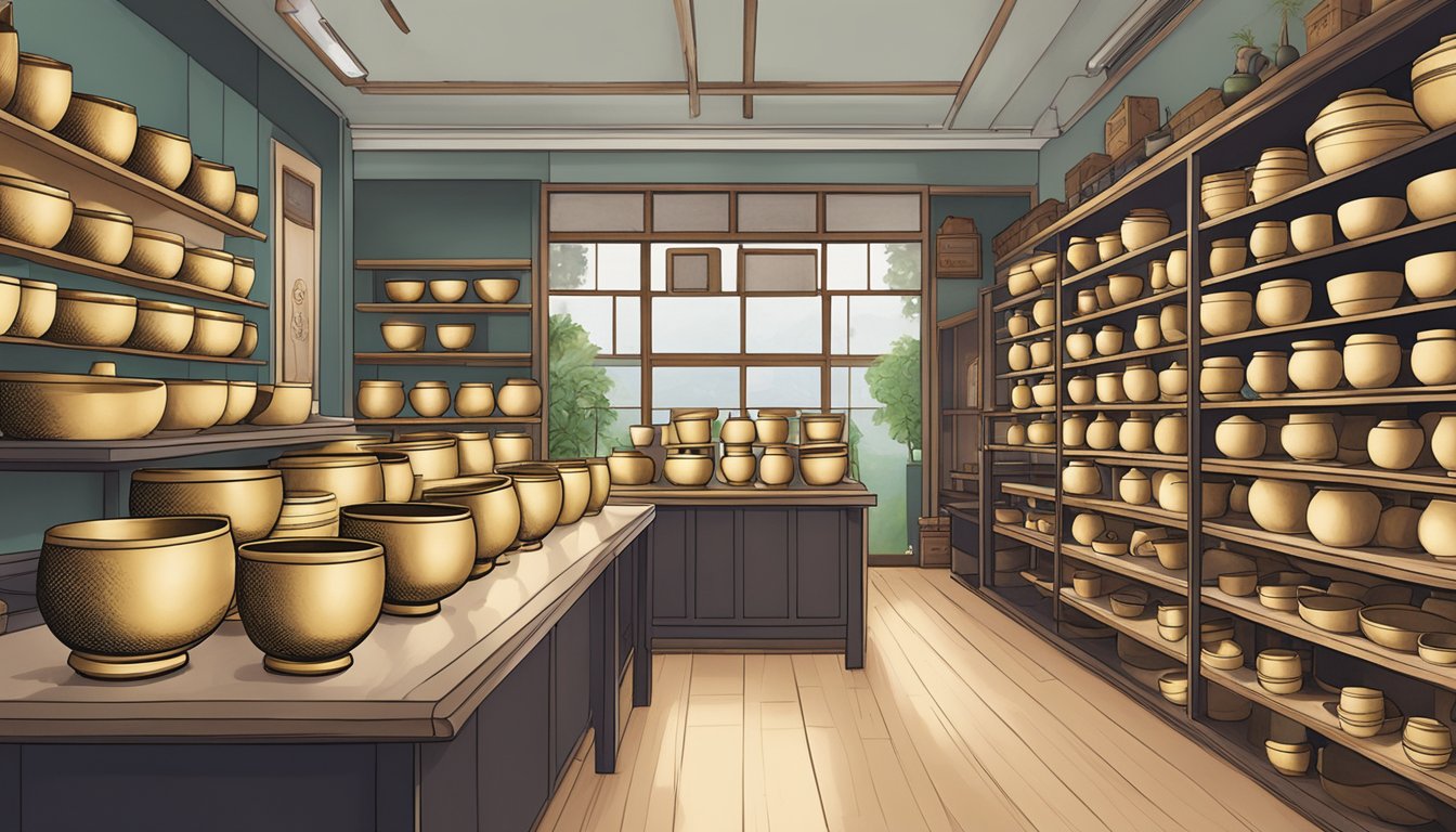 A serene shop in Singapore sells singing bowls. Shelves display a variety of sizes and designs, while soft music fills the air