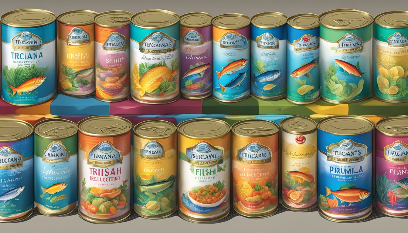 A colorful display of Tricana's Premium Selection canned fish, available for online purchase