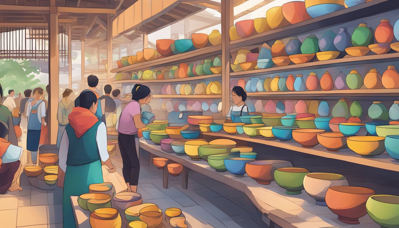 A marketplace in Singapore, vibrant with colorful displays of singing bowls. Customers browsing, listening to the soothing tones, and selecting their perfect bowl