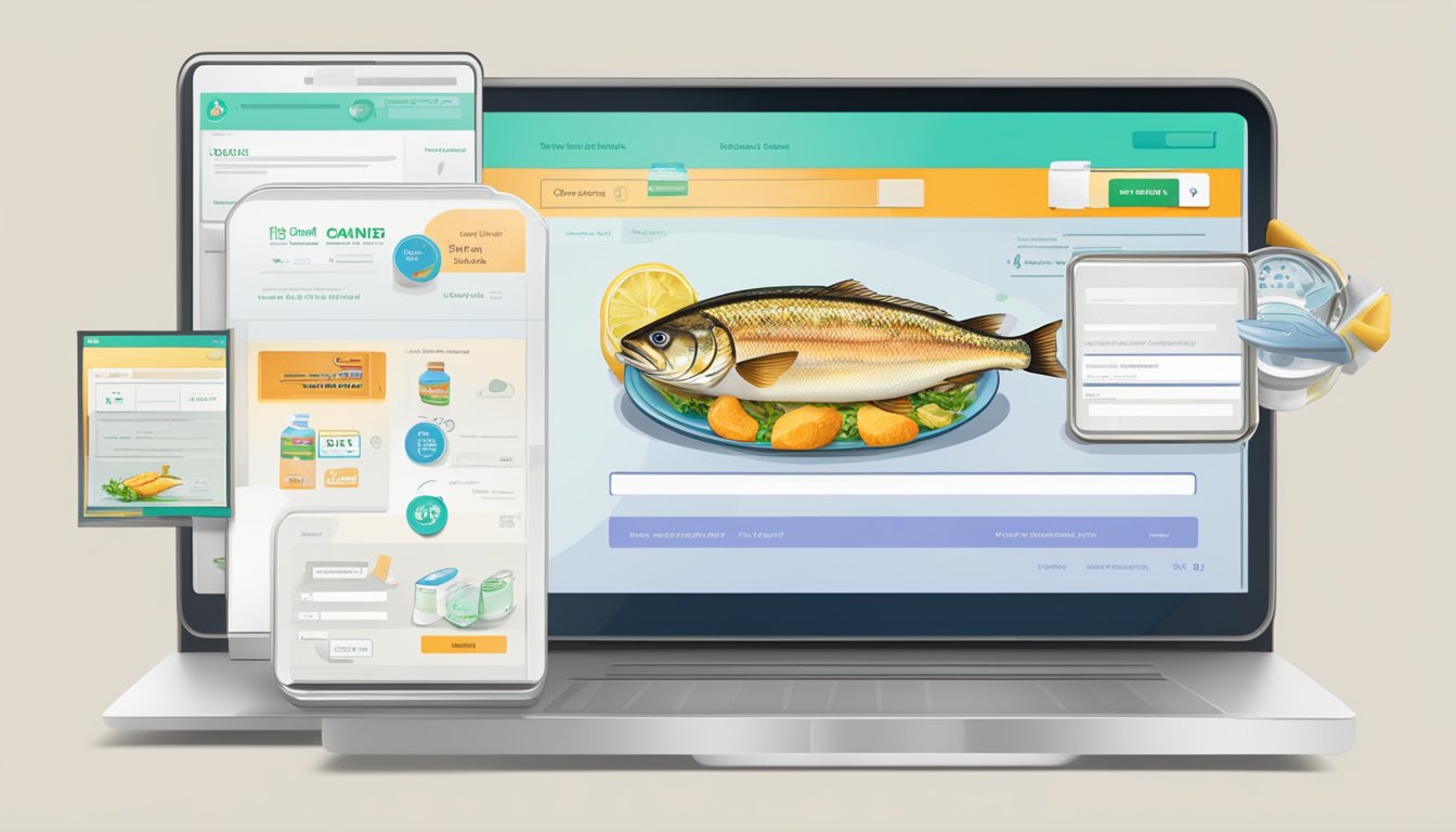A computer screen displays a website with Tricana canned fish for sale. A cursor clicks "add to cart" as payment details are entered