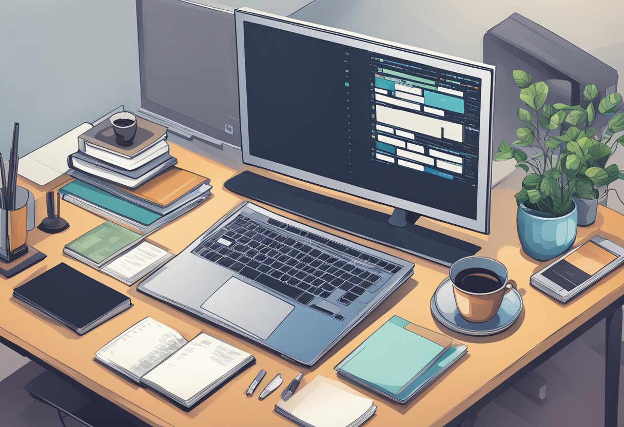 A computer with multiple screens displaying code, web development books, and a desk cluttered with programming tools and a mug of coffee