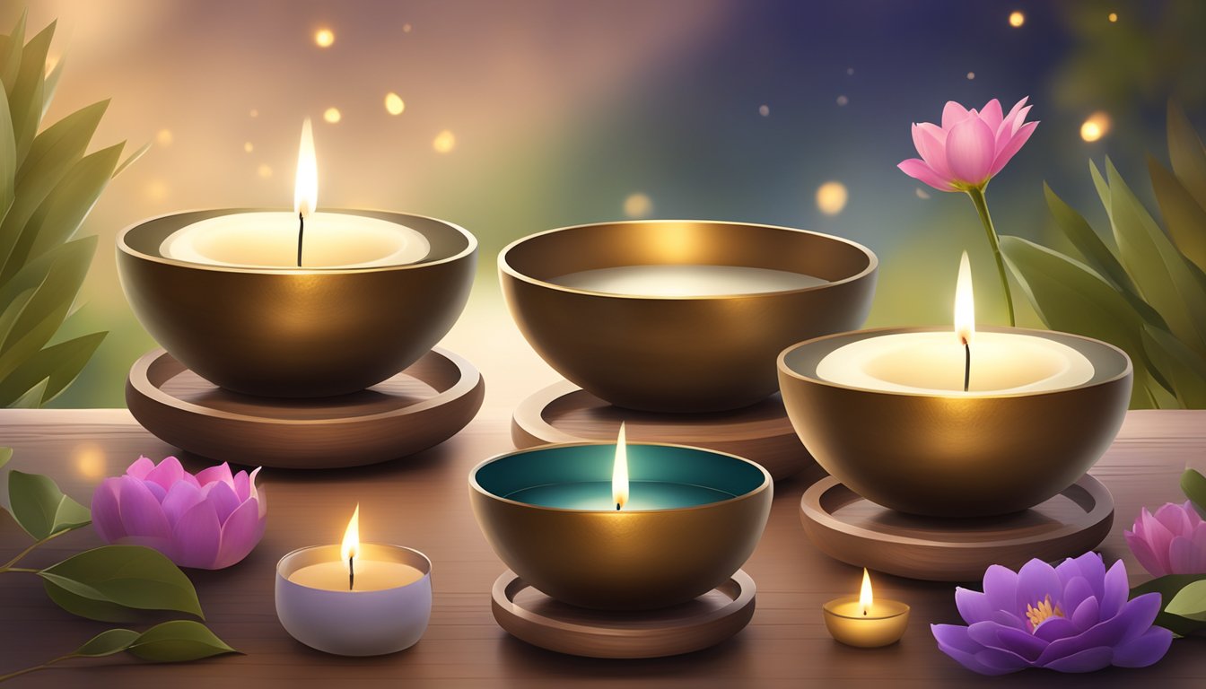 Singing bowls displayed in a serene setting, surrounded by soft candlelight and fresh flowers, with a peaceful and tranquil ambiance