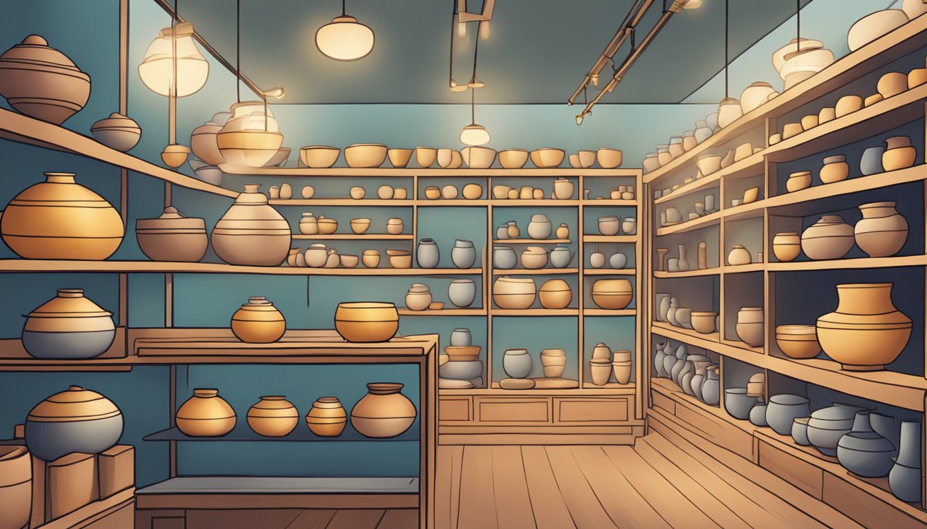 A serene shop in Singapore, shelves lined with beautiful singing bowls of various sizes and designs, with soft lighting and calming music playing in the background
