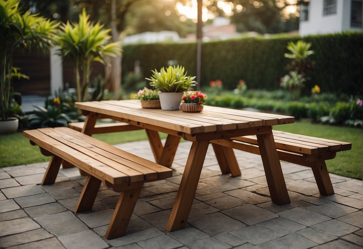 A wooden picnic table with colorful cushions and a matching umbrella set up on lush green grass, surrounded by potted plants and string lights