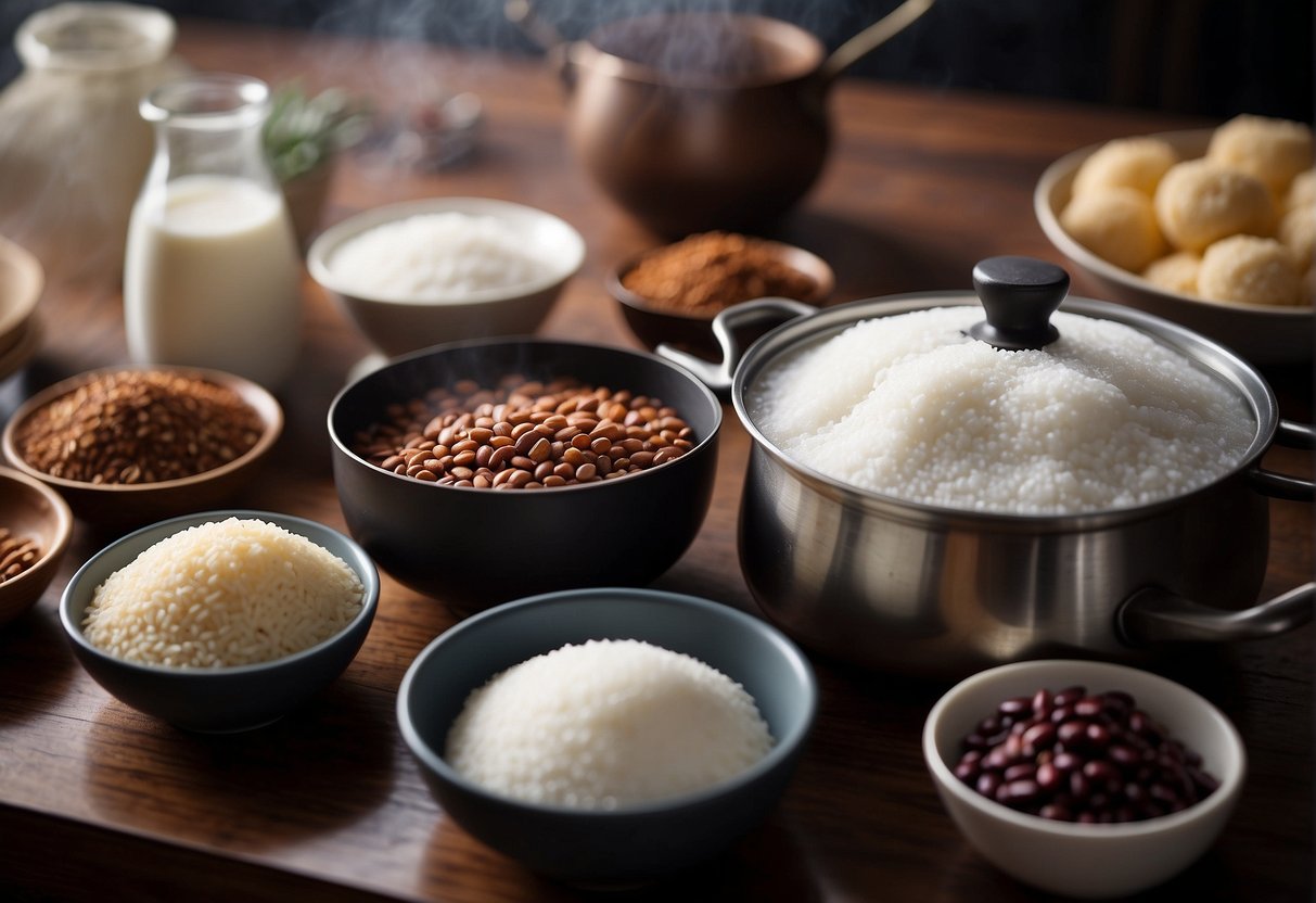 A table set with ingredients: glutinous rice flour, sugar, water, and red bean paste. A steamer pot on the stove