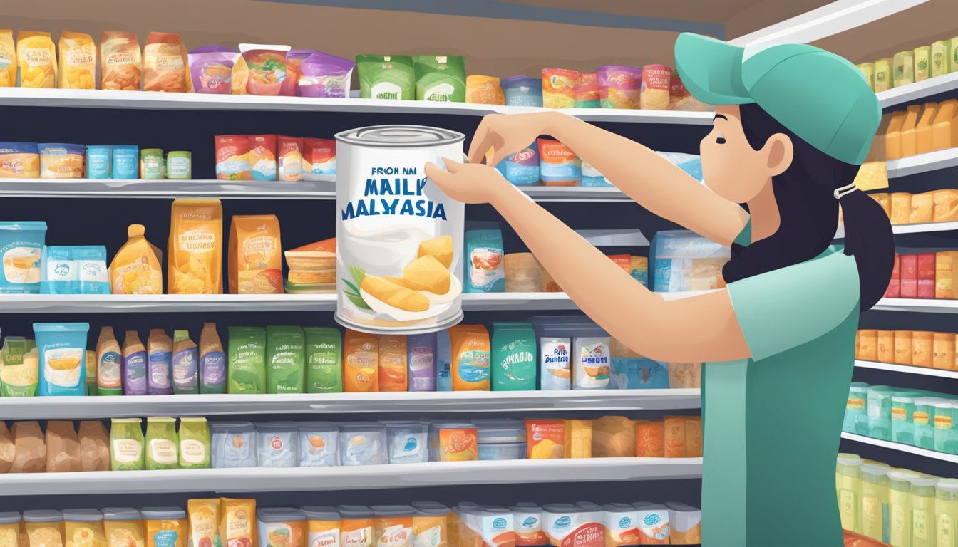 A hand reaches for a can of milk powder labeled "From Malaysia" in a grocery store, with a sign indicating it can be bought and brought to Singapore