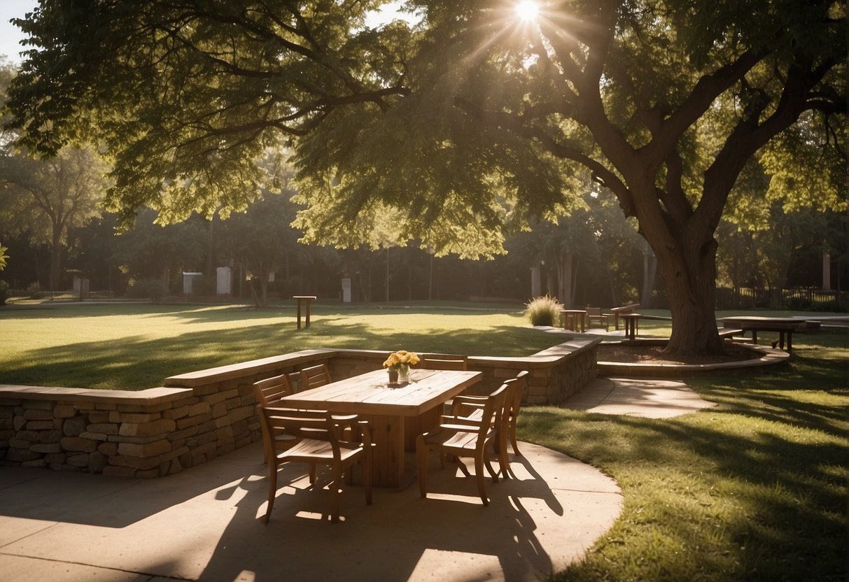 The outdoor seating area on grass is bathed in warm, natural light, with dappled shadows from surrounding trees. The sunlight creates a cozy and inviting atmosphere, perfect for a relaxing outdoor gathering