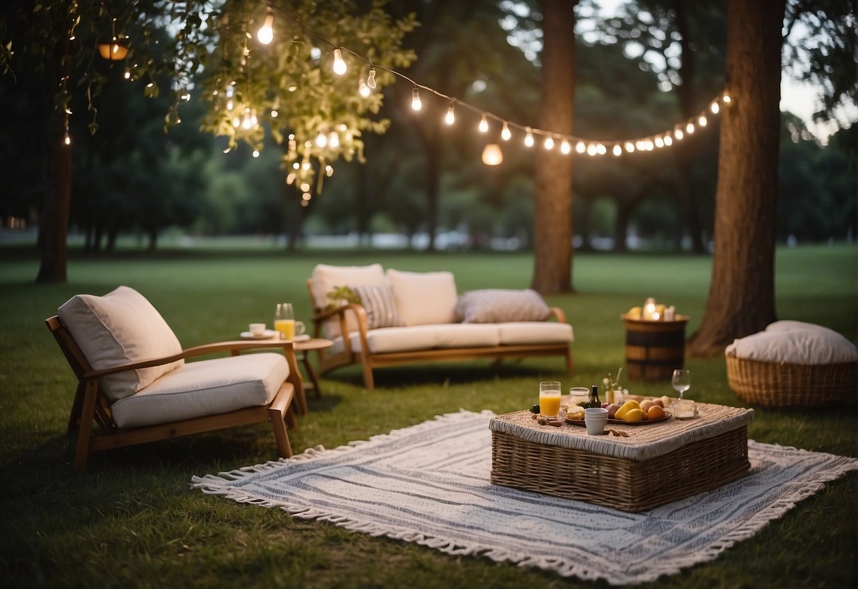 A picnic blanket spread out on the grass, surrounded by throw pillows and low tables with snacks and drinks. A string of fairy lights hung between nearby trees, creating a cozy atmosphere