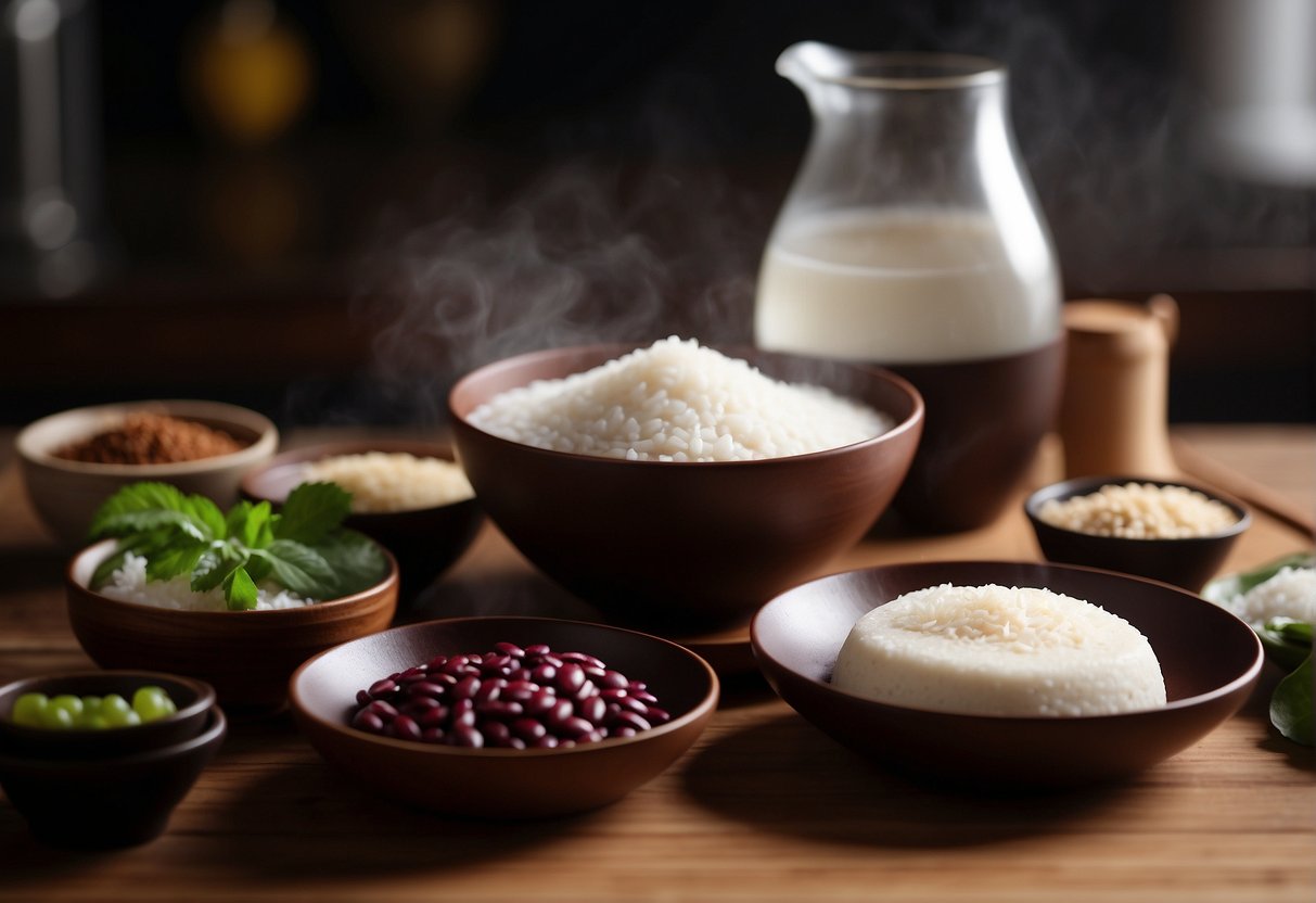 A table set with ingredients: glutinous rice flour, sugar, water, red bean paste, and coconut milk. A steamer with bamboo trays. A kitchen filled with the aroma of sweet rice cake in the making