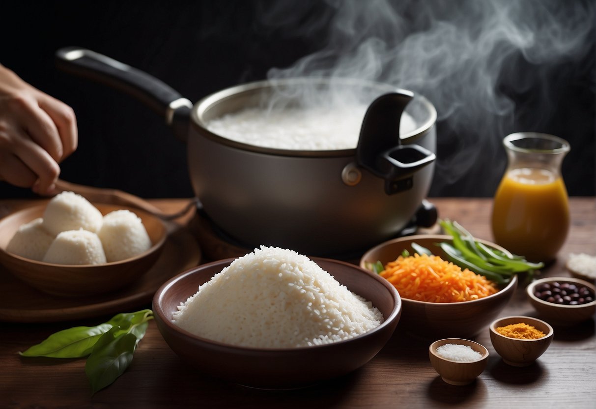 A table set with ingredients: glutinous rice flour, sugar, water, red bean paste, and coconut milk. A steamer pot simmering on the stove