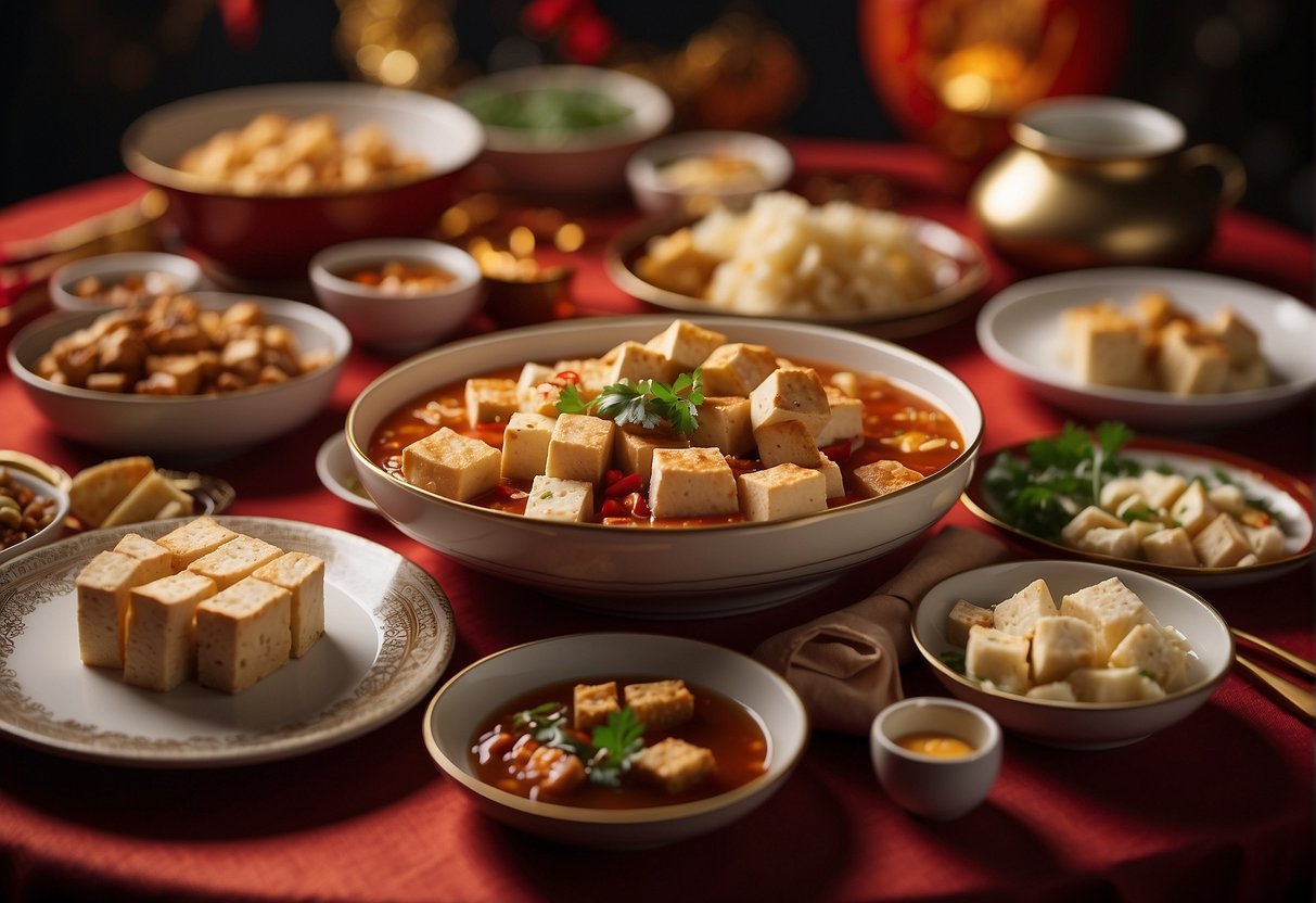 A table set with various tofu dishes, surrounded by red and gold decorations for Chinese New Year