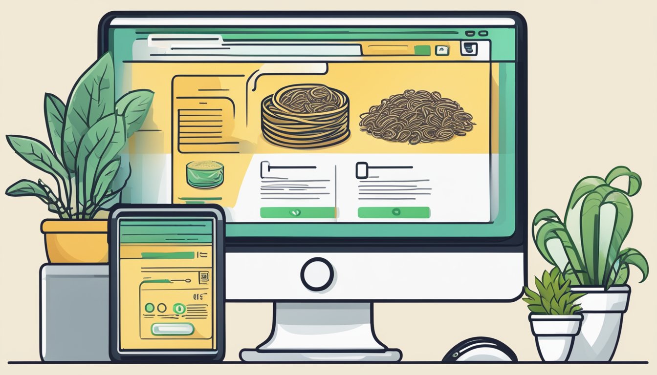 A computer screen displaying a website with vermicelli for sale, a cursor clicking "add to cart," and a digital payment confirmation