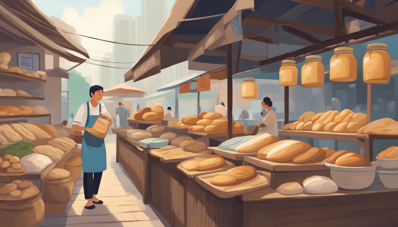 A bustling market stall in Singapore displays jars of sourdough starter, with colorful signs advertising their availability. Nearby, a baker kneads dough, the aroma of freshly baked bread filling the air