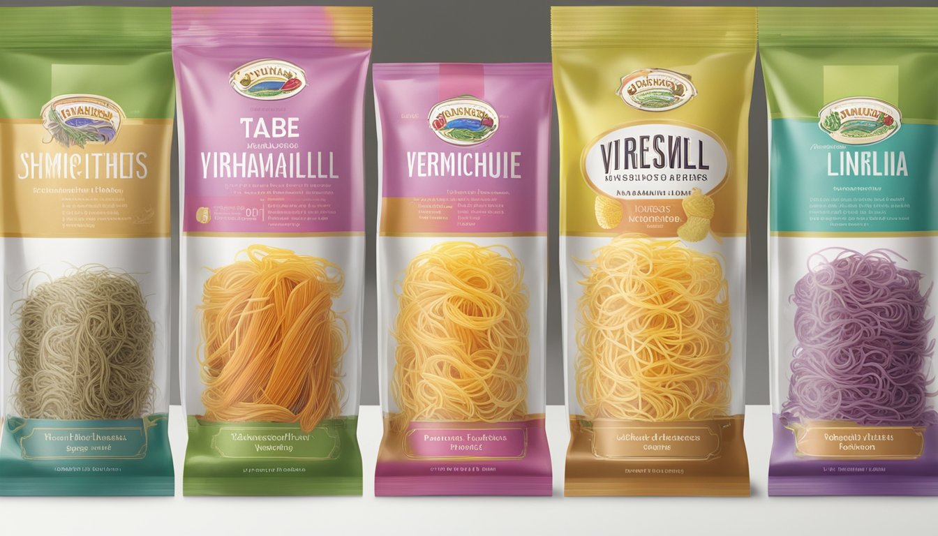 A table displays a colorful array of vermicelli varieties, with packaging depicting different flavors and origins. Online purchase options are advertised nearby