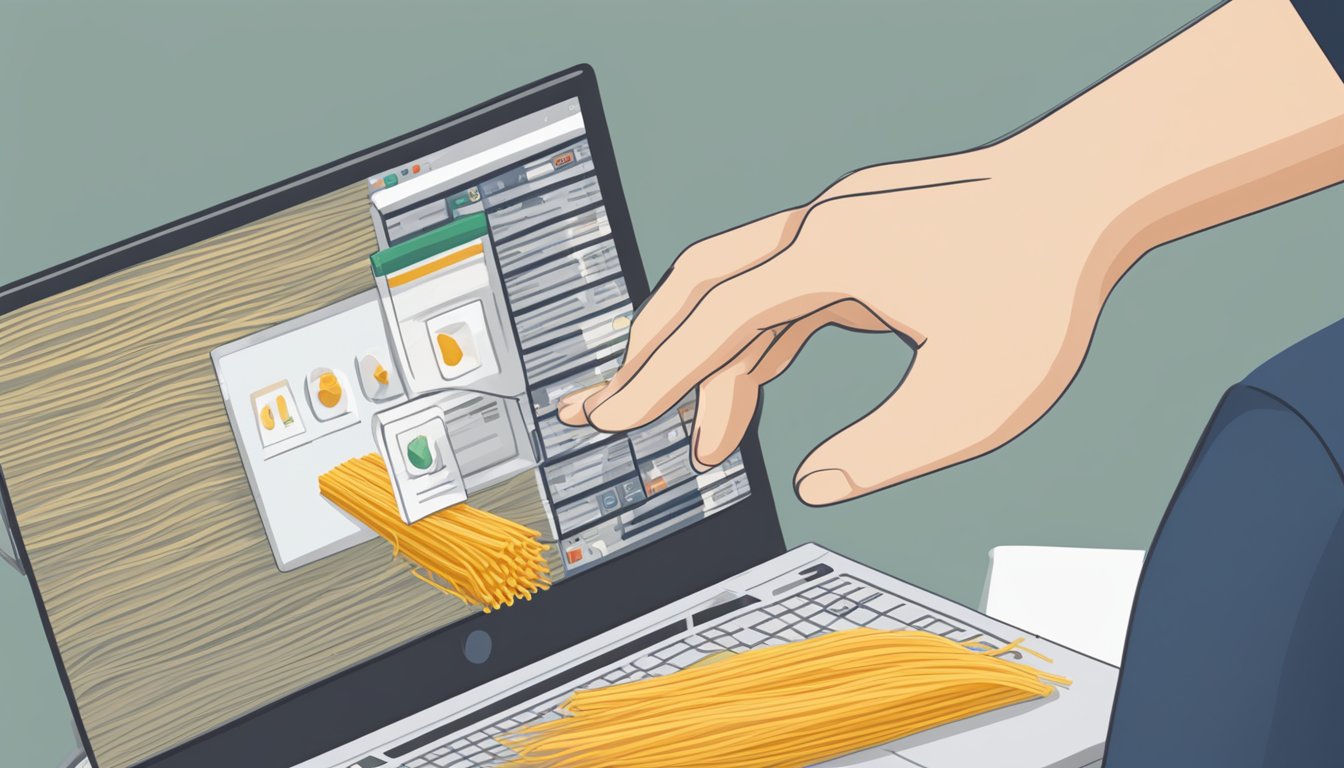 A hand reaches for a package of vermicelli noodles on a computer screen with the "buy now" button highlighted
