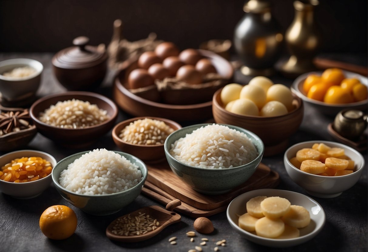 A table set with ingredients and utensils for making Chinese New Year sweet rice cake
