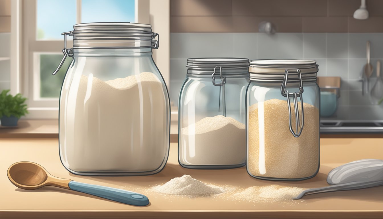 A glass jar sits on a kitchen counter, filled with bubbly sourdough starter. A bag of flour and a measuring spoon are nearby, ready for feeding